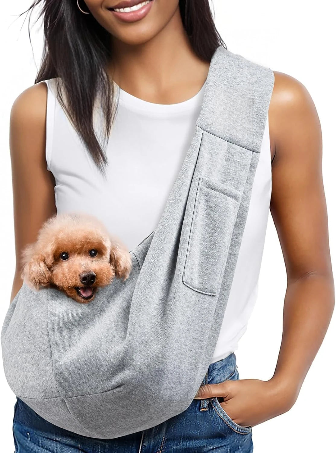 Gray Small Dog Chest Carrier Portable Classic Pocket Shoulder Strap Design for Outings Suitable for 3-10kg Dogs