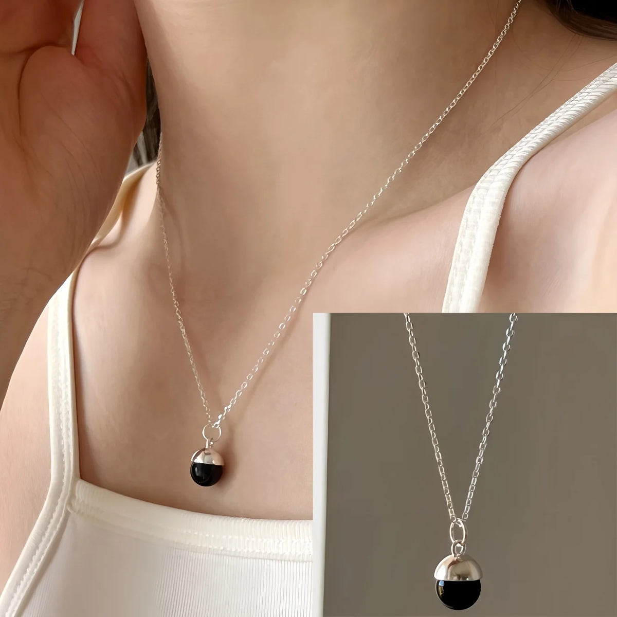 PANJBJ 925 Sterling Silver Onyx Necklace for Women Girl Concise Individuality Fashion Jewelry Birthday Gift Dropshipping