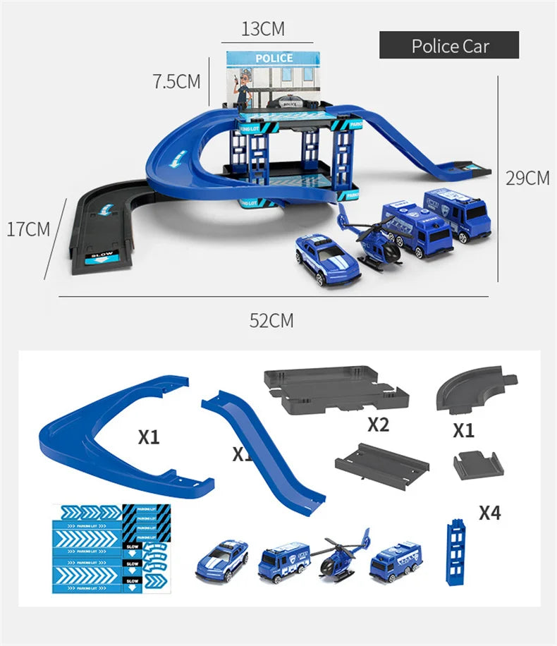 Track Parking Lot Toys Multi-Storey Rail Car Parking Building Fire Police Engineering Vehicle Car Children's Toys