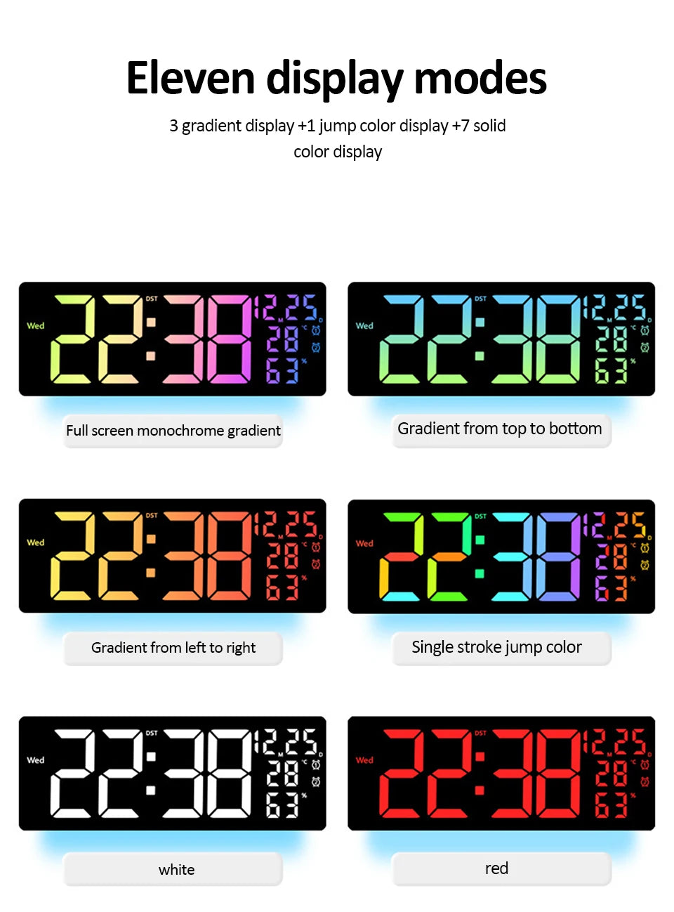 17" Large Digital Wall Clock 11Colors Dispaly & Dynamic RGB LED Clocks Temp Date Week Display Remote Control Dual Alarms Clock