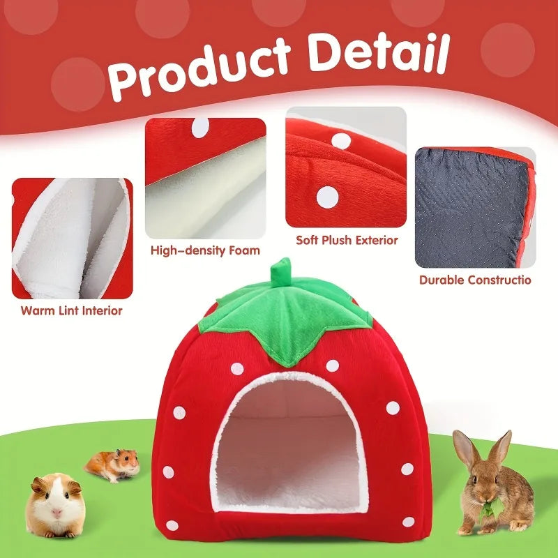 All-Season Removable and Washable Guinea Pig Rabbit Small Pet Warm Hideout VillaType Semi-Enclosed Strawberry Nest Small Pet Bed