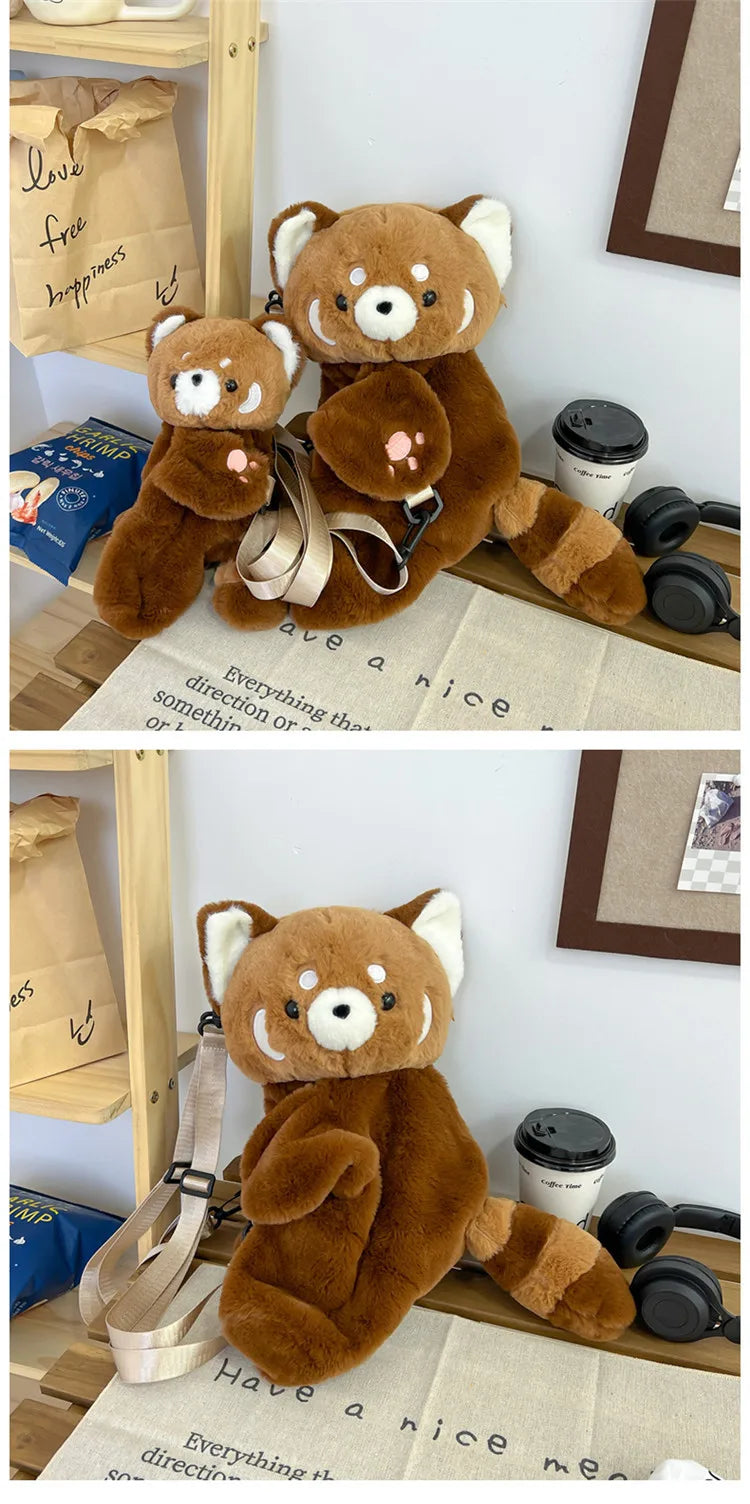 Red Panda Plush Backpack Cute Plushie Doll Women Crossbody Fur Soft Shoulder Bag for Camping Travel Party Female Birthday Gift