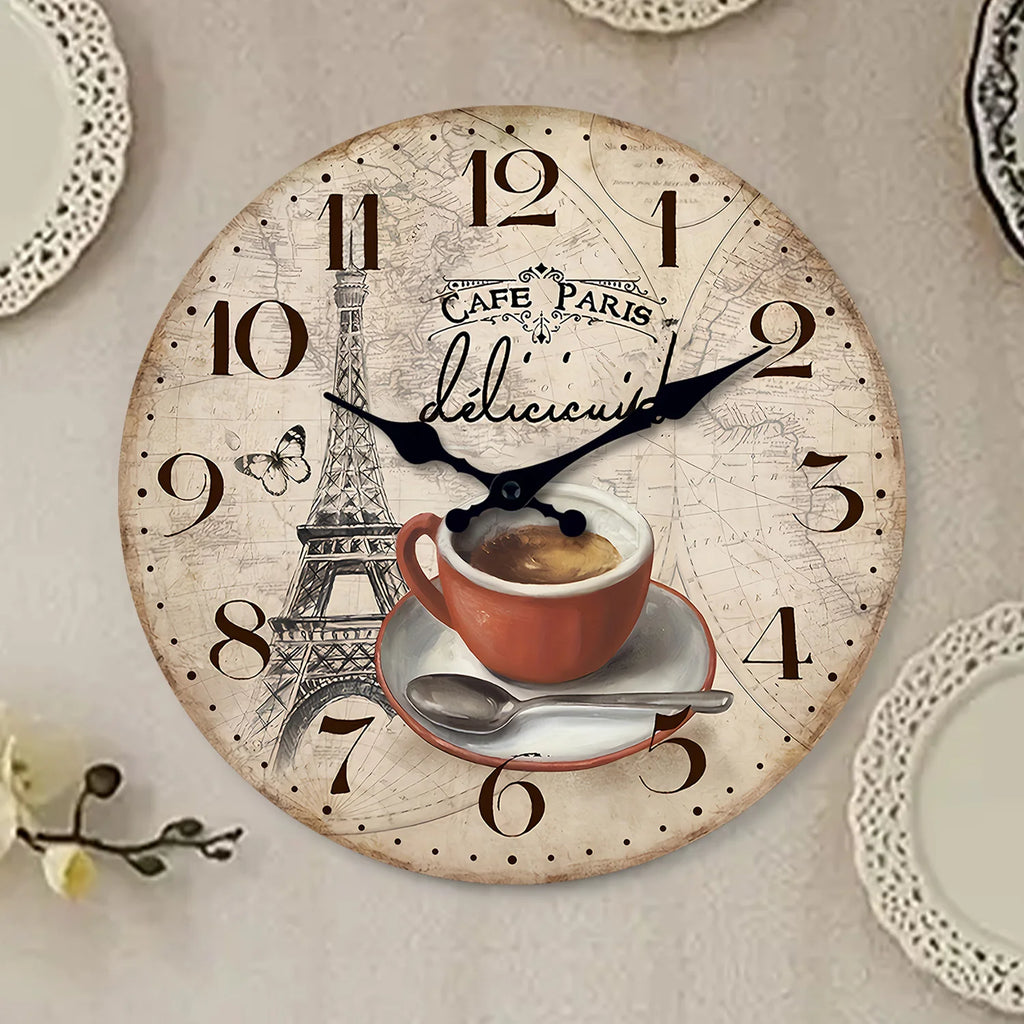French Retro Paris Eiffel Tower Coffee Cup Wooden Wall Clock Living Room Bedroom Kitchen Home Decoration Wall Clock Silent Quartz Clock Holiday Gift 10 Inches 12 Inches 14 Inches 16inch (Without Batteries)
