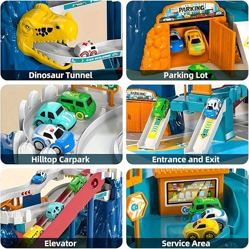 Children's Dinosaur Mountain Climbing Track Car Set with 5 Colorful Vehicles Sound Light Electric Transmission Ideal Birthday Gi