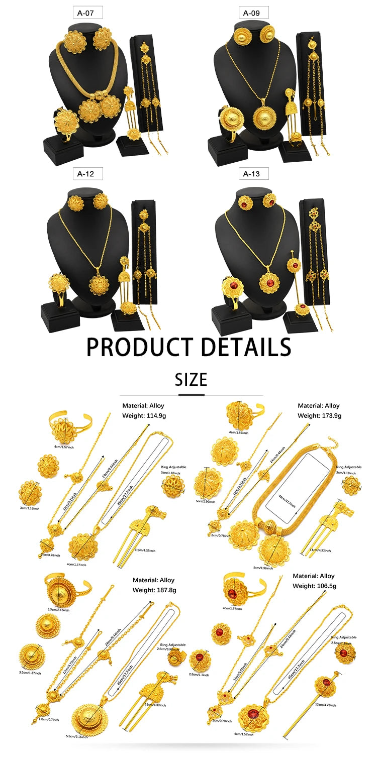 ANIID Ethiopian Gold Color 6pcs Jewelry Sets For Women Dubai Flower Shape Nigerian Luxury Necklace Jewellery Set Wedding Gifts