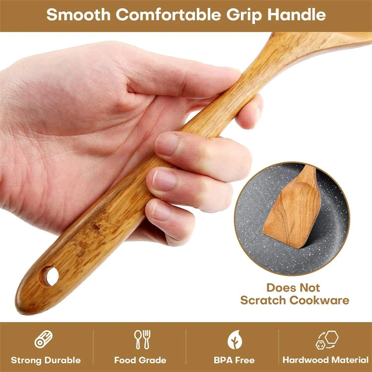 LMETJMA 10 Pack Natural Teak Wooden Kitchen Utensil Set Wooden Spoons Spatula Cooking Utensil Set For Cooking Baking JT503