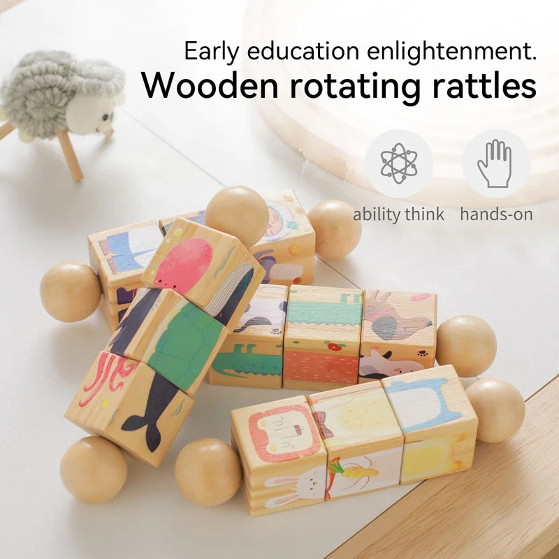Baby Wooden Rattle Montessori Toy Hand-on Develop Ability Toy Newborn Soothing Toy 0 12 Months Rotating Puzzle Educational Toy