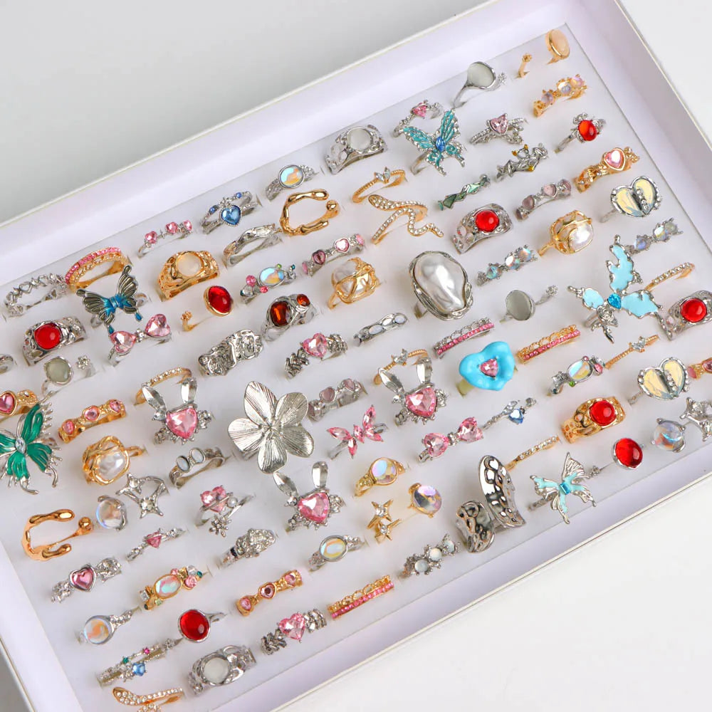 10/20/30/50/100Pcs/Lot Retro Punk Bohemian Rhinestone Carve Rings For Women Mix Style Jewelry Party Gifts Accessories Wholesale