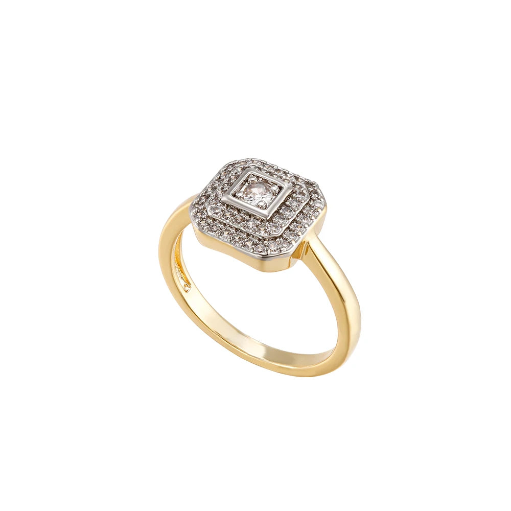 Square design inlaid zircon earrings ring copper plated 14K gold fashion jewelry set birthday party exquisite gift jewelry