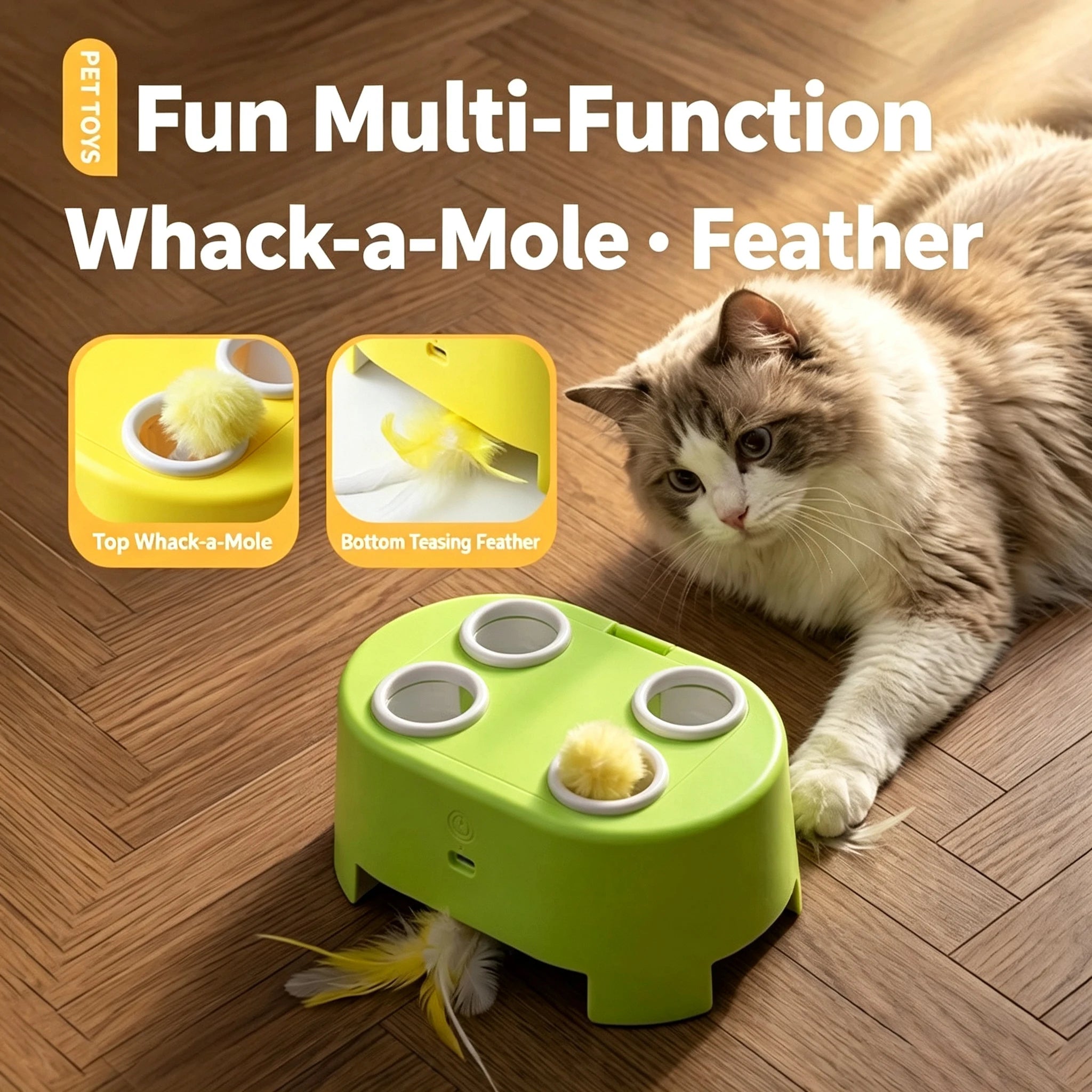 Multifunctional Cat Toy: Whack-a-Mole Toy with Rotating Feather Teaser Stick, Self-Entertainment Gadget, Electric Cat Toy