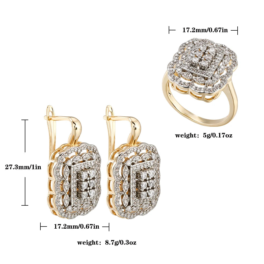 Square hollow inlaid zircon earrings ring set copper plated 14K gold luxury fashion jewelry banquet wedding Christmas gift