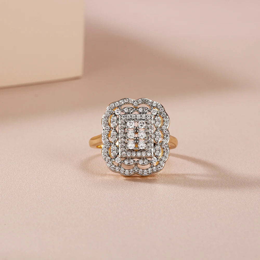 Square hollow inlaid zircon earrings ring set copper plated 14K gold luxury fashion jewelry banquet wedding Christmas gift