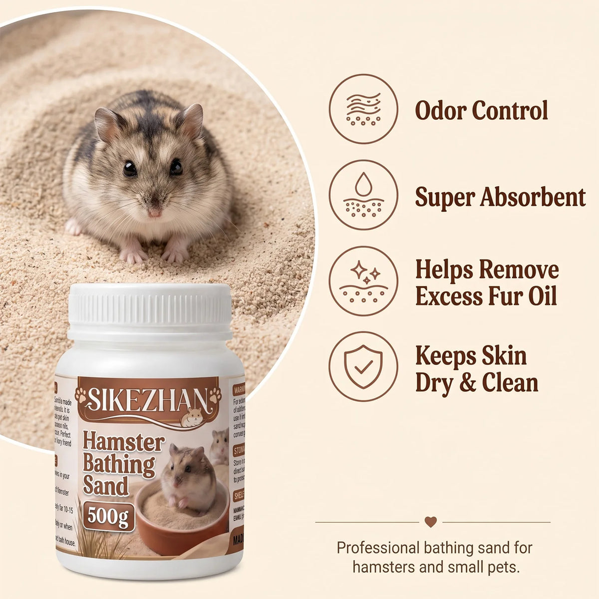 Premium Hamster Grooming Bath Sand Pet Dry Clean Bedding Pure Silica Dust Free Odor Control for Mice Gerbils Small Animal, 500g