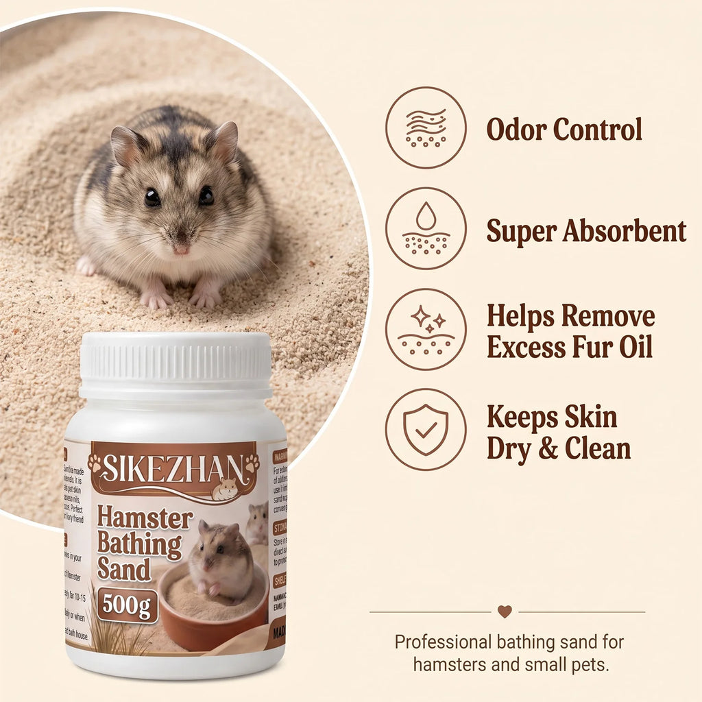 Premium Hamster Grooming Bath Sand Pet Dry Clean Bedding Pure Silica Dust Free Odor Control for Mice Gerbils Small Animal, 500g