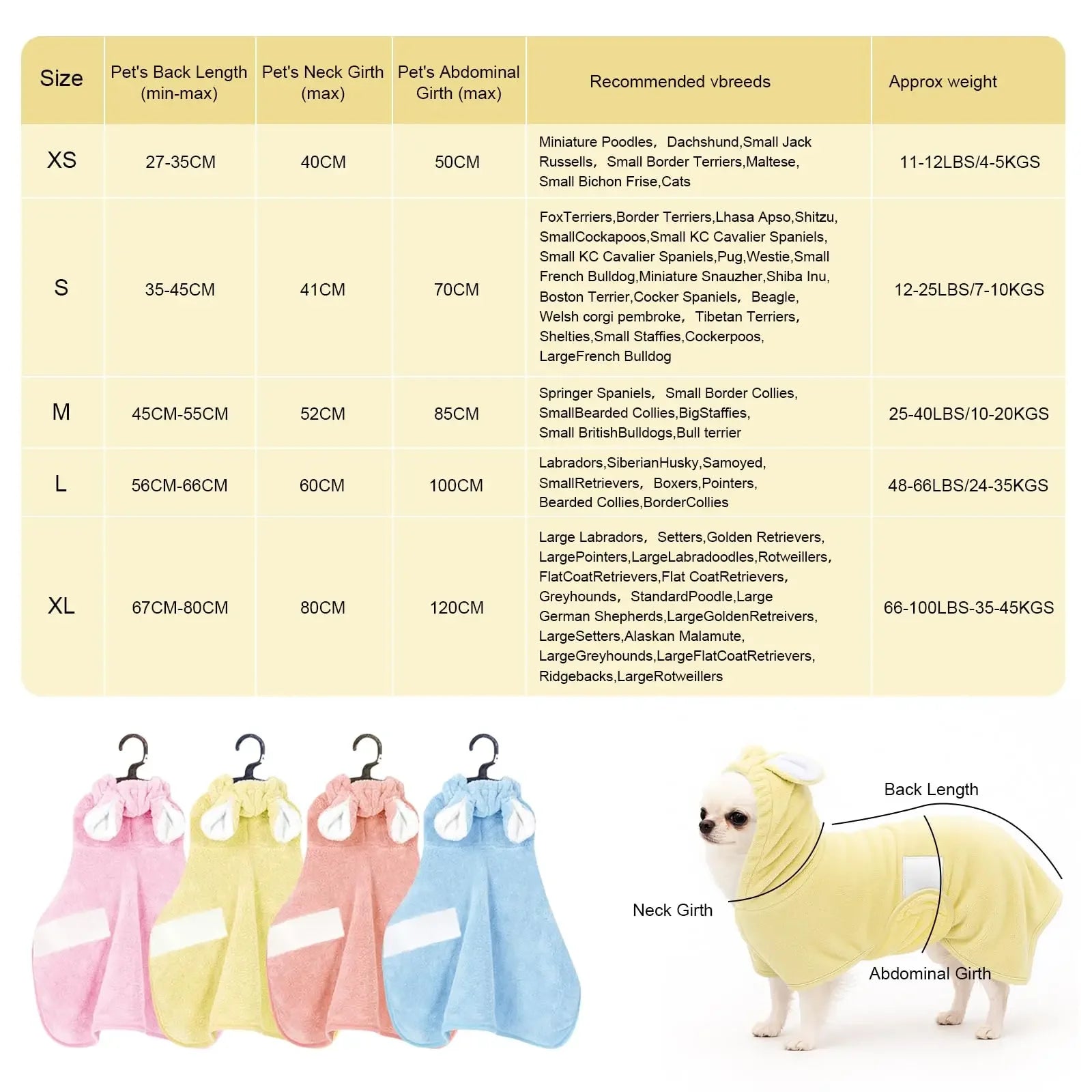 Pet Bathrobe for Dogs and Cats Super Absorbent Pet Dog Bath Towel Hooded Coat Adjustable Collar and Belly StrapXS To L