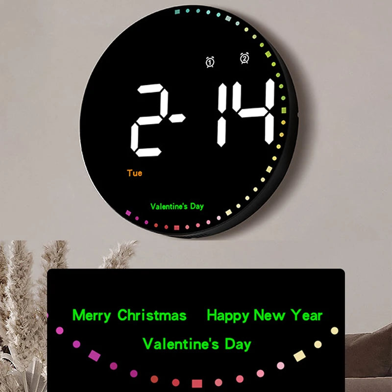 LED Wall Clock with Dual Alarms, Calendar and Temperature Display for Home Decoration. Brightness Adjustable