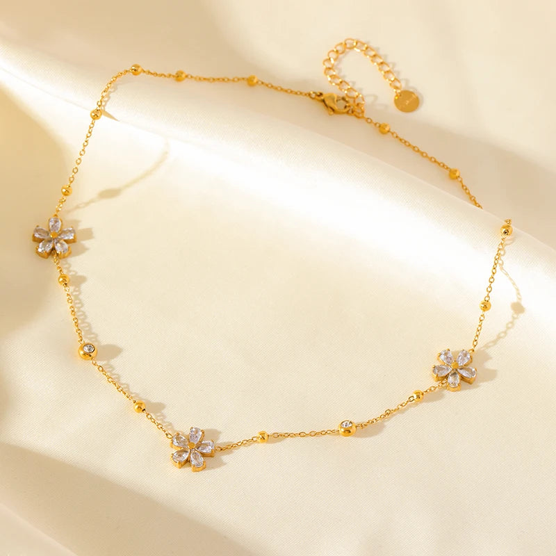 GANEMLY Stainless Steel  Sparkling White Zircon Flower Necklace Bracelet Earrings Set For Women Trendy Waterproof Jewelry Gift