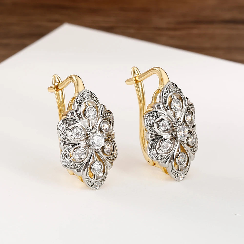 Petal design inlaid with zircon two-tone set earrings ring copper plated 14K gold retro fashion jewelry banquet holiday gift
