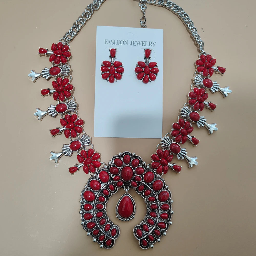 Navajo Indian Jewelry Set Costume Statement Red Turquoise Stone Resin Earrings and Western Squash Blossom Necklace for Women