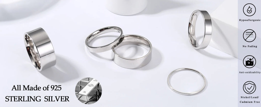 Fansilver S925 Sterling Silver Rings for Women Men 18K White Gold Plated Stackable Statement Thin Plain Thumb Ring Wedding Bands