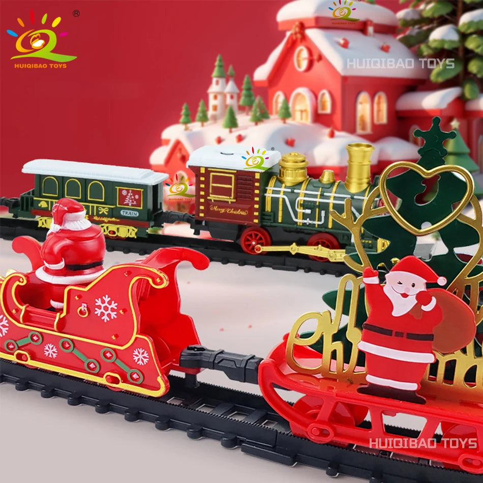 HUIQIBAO Christmas Tree Electric Train Tracks Set Santa Claus Cargo Cars With Xmas Sounds Lights Toys For Adult New Year Gift