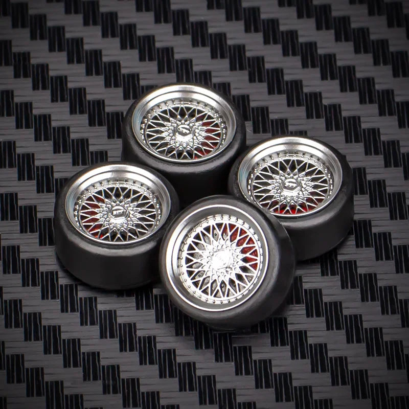 1/64 Car Model Bearing Wheels 9.8mm 10.8mm Rubber Tires W Brake Disc Caliper Axles Modify Spare Parts for 1:64 Cars