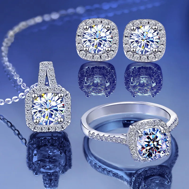 JoyceJelly S925 Sterling Silver jewelry for women 1 carat moissanite diamond 3 pieces set necklace ring earrings wedding party