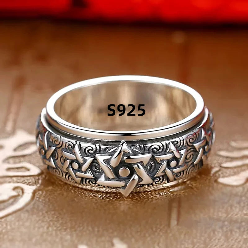 Rotatable S925 Sterling Silver Ring for Men  Vintage Retro Stars Auspicious Cloud Couple Band Women Index Finger Accessories