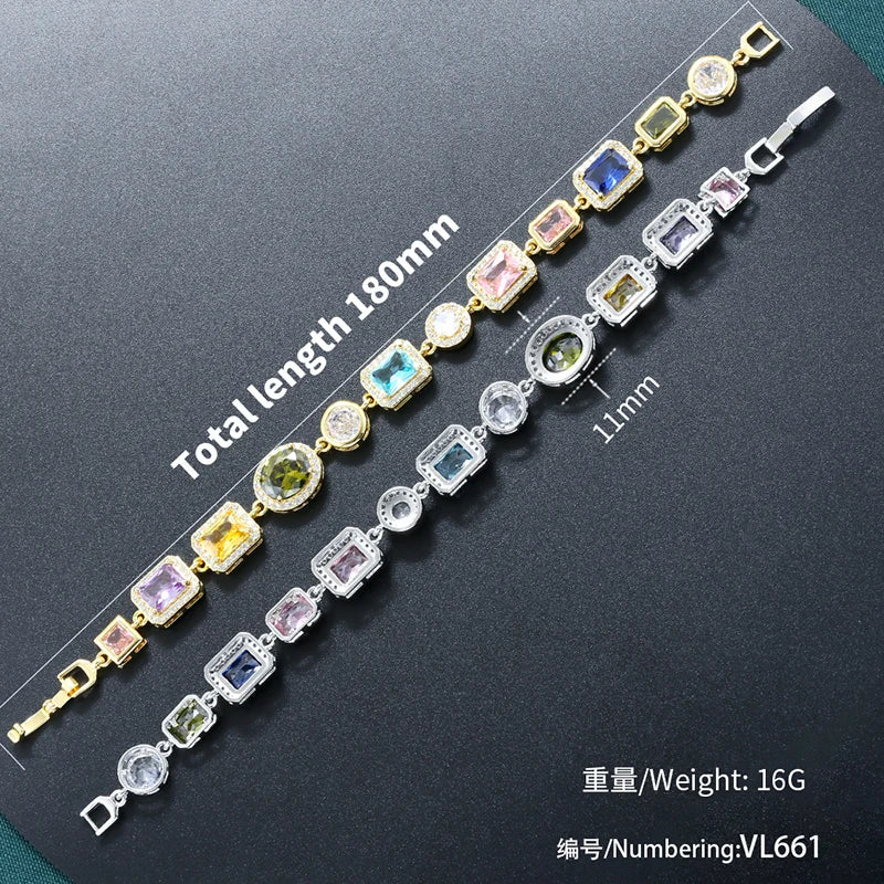 Colorful Mosaic Geometric Zircon Bracelet/Necklace Set Hip-Hop Retro Unisex Couple's 18K Gold-Plated Brass Jewelry:VL661 VL662