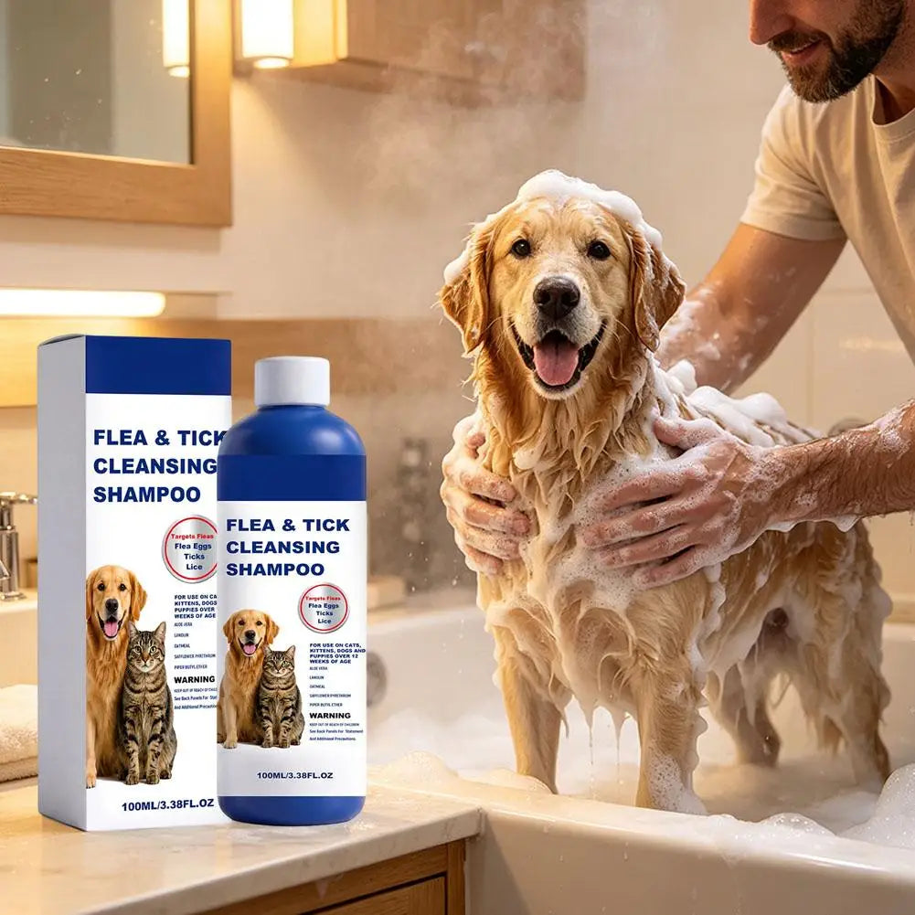 100ml Pet Flea & Tick Cleansing Shampoo Gentle Soothing Deodorizing Bath Wash For Dogs Cats Deep Cleaning Remove Lice Mite