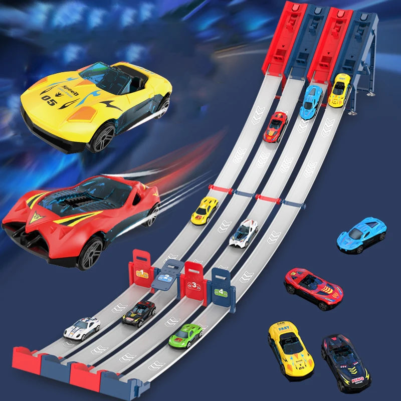 Kid Track Car Racing Set Toy DIY Assembled Track Kits Catapult Rail Car Racing Strategy Game Fun Interactive Social Toy Boy Gift