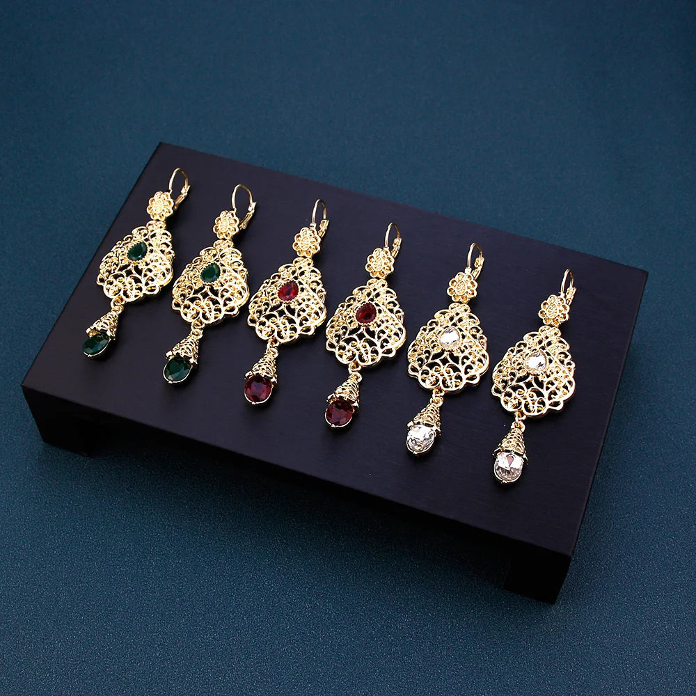 Arabic Jewelry Sets Morocco Choker Necklace Dangler Earring Bracelet Ring Gold Color Ethnic Women Charm Bijoux