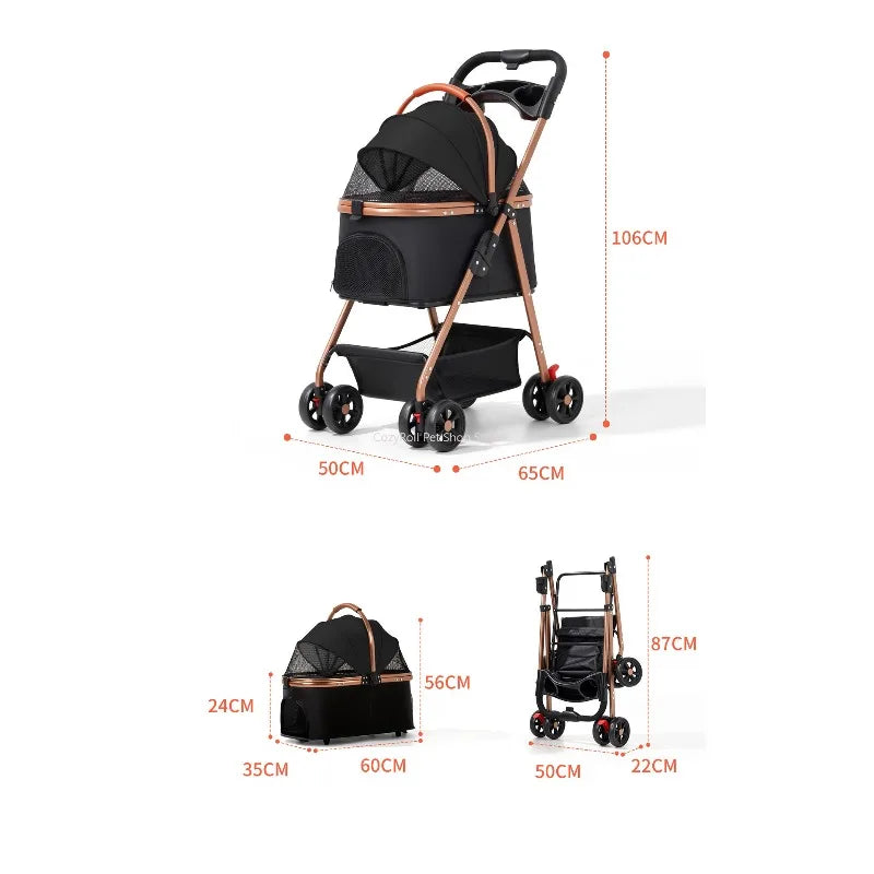 Lightweight Small Pet Stroller for Dogs & Cats 50 Lbs Capacity Aluminum Alloy Puppy Stroller with Detachable Storage Basket