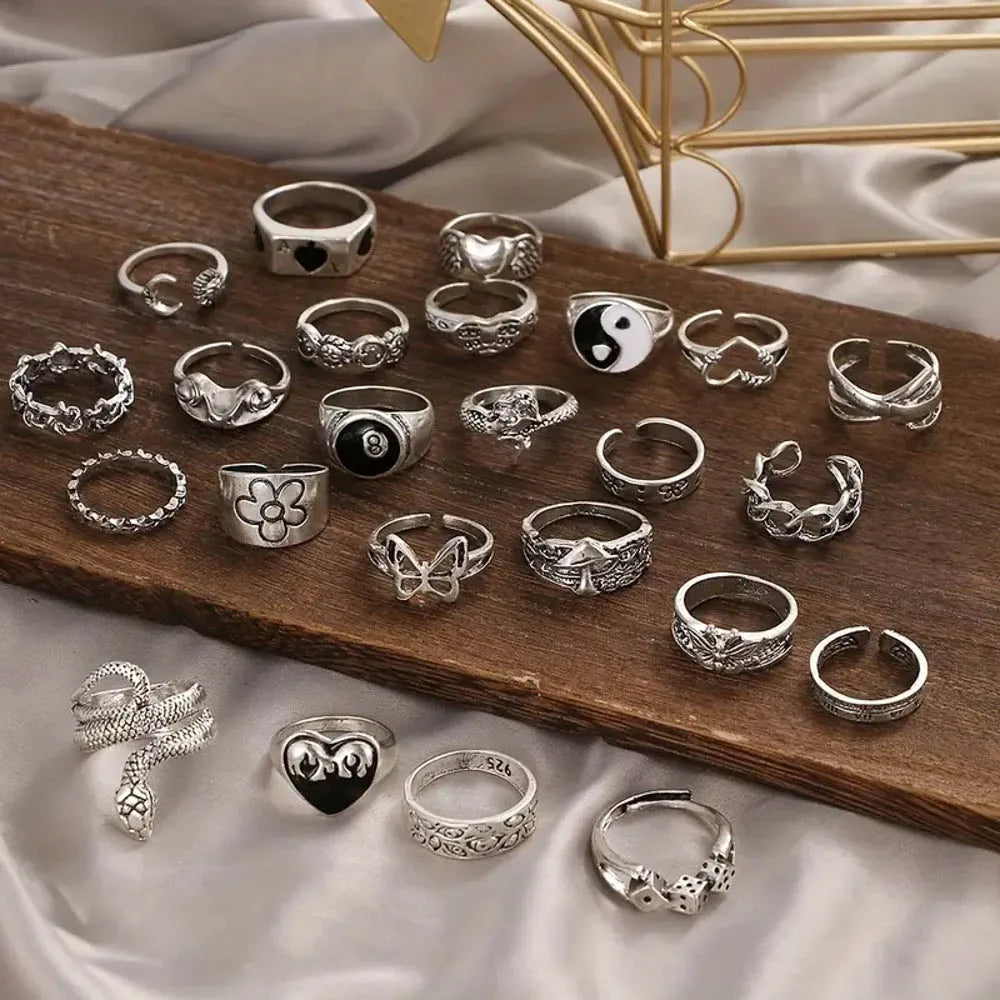 10/20/30/50/100Pcs/Lot Retro Punk Bohemian Rhinestone Carve Rings For Women Mix Style Jewelry Party Gifts Accessories Wholesale
