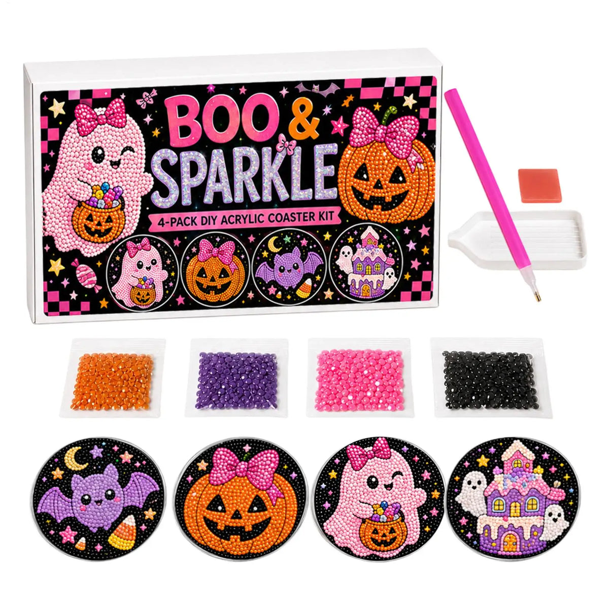 Halloween Pearl Painting Bead Kit DIY Ghost Witch Non-Slip Coaster Making Pearl Art Craft For Adults Beginners Party Holiday