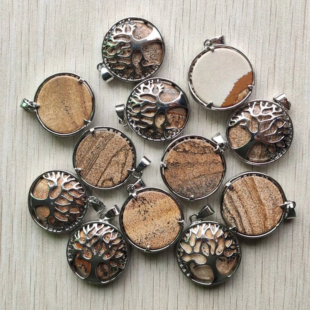 Wholesale 12pcs/lot Fashion Natural Stone Alloy Tree of Life Mix Pendants for Necklaces Jewelry Accessories Making Fast Shipping
