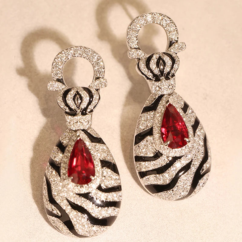 Foydjew 2023 New Trend Modern Retro Zebra Pattern Ruby Jewelry Sets European American Fashion Leopard Rings Drop Earrings