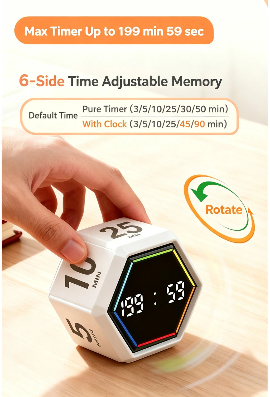 YS-1088 Productivity Flip Timer Gravity Sensor Countdown Visual Timer 6 Preset Time LED Display Cube Kitchen Timer Alarm Clock