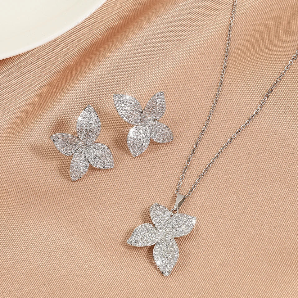 ZAKOL Luxury Micro Pave Setting Cubic Zirconia Leaf Earrings Ring Bracelet Necklace Gorgeous Dubai Jewelry Set For Dinner Party