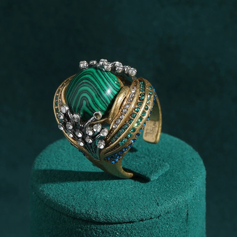 Vintage Wedding Rings for Women Round Blue Natural Oval Green Crystal Horse Eye Shape Glass Retro Pattern Gold Color Jewelry