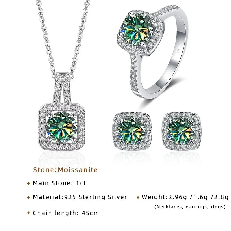 JoyceJelly S925 Sterling Silver jewelry for women 1 carat moissanite diamond 3 pieces set necklace ring earrings wedding party