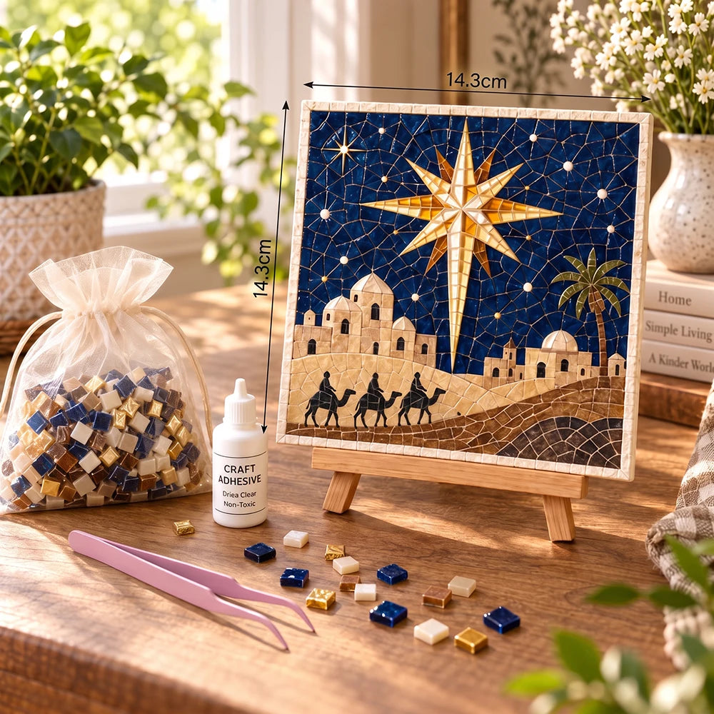 Religious Christmas Mosaic DIY Craft Kit, Glass Mosaic Tile Art Set with Easel, Glue & Tweezers, Kids Adult Handmade Decor Gift