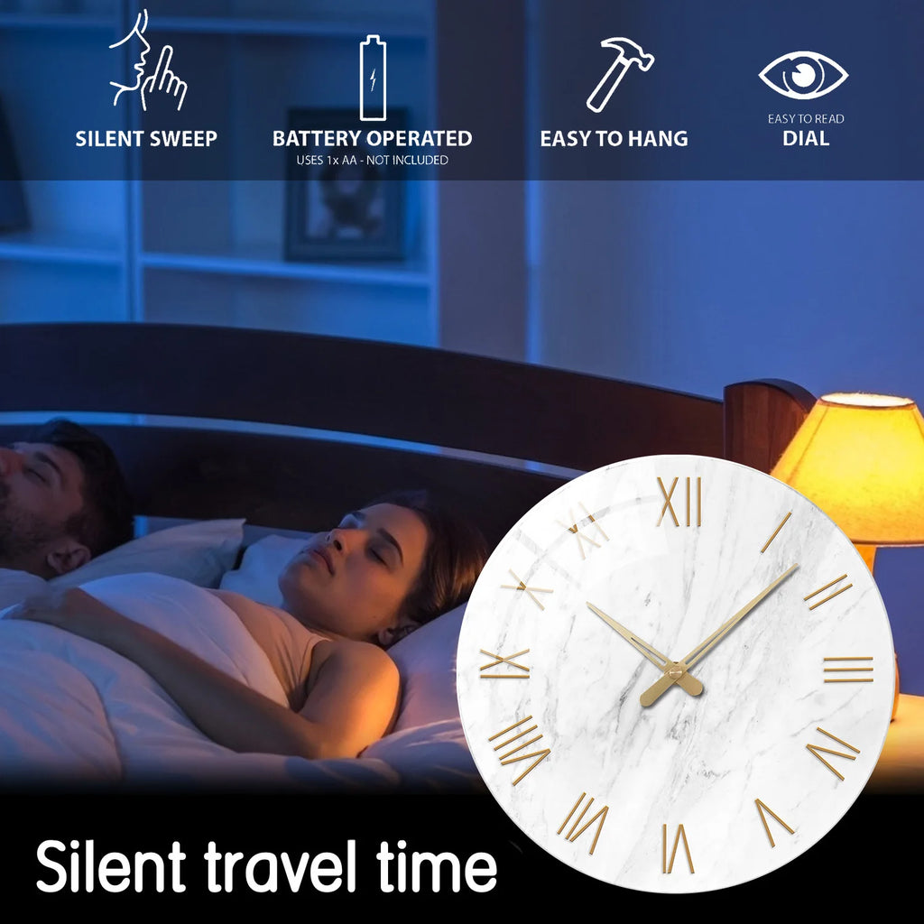1pc 12 inch tempered glass wall clock, modern simple white marble texture gold Roman numerals design wall clock, home mute clock
