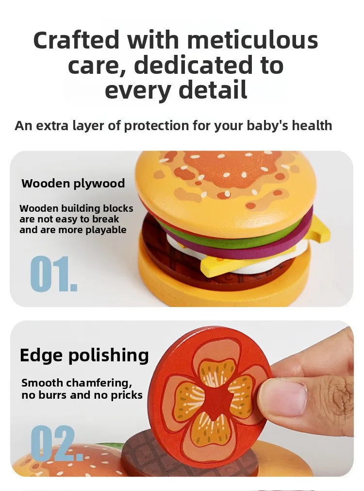 Montessori Wooden Burger Stacking Toys for Toddlers Kids Preschool Educational Toys Play Food Matching Birthday Toy For Kids