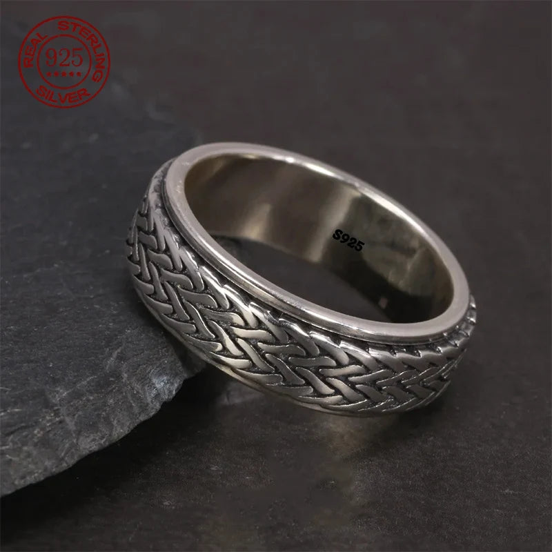 Rotatable S925 Sterling Silver Ring for Men  Vintage Retro Stars Auspicious Cloud Couple Band Women Index Finger Accessories