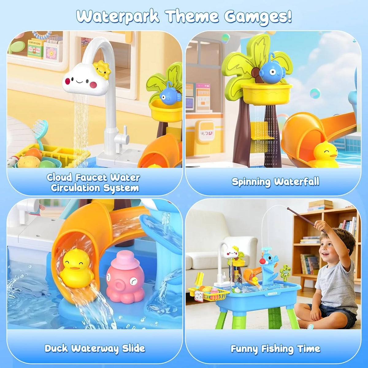 2026 Upgraded Toddler Water Table Kitchen Play Sink Toy Electric Pump Running Water Sensory Fishing Game Summer Outdoor Toys