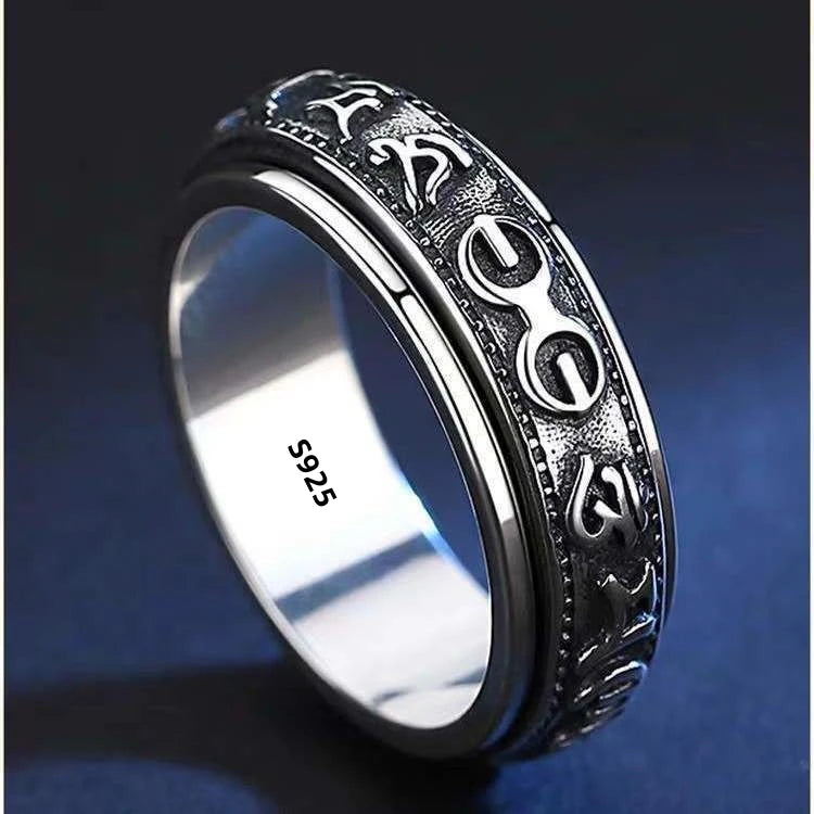 S925 Sterling Silver Ring Men Women Retro Buddhist Six-Character Great Mantra Ring Male Female Amulet Jewelry Exquisite Gift