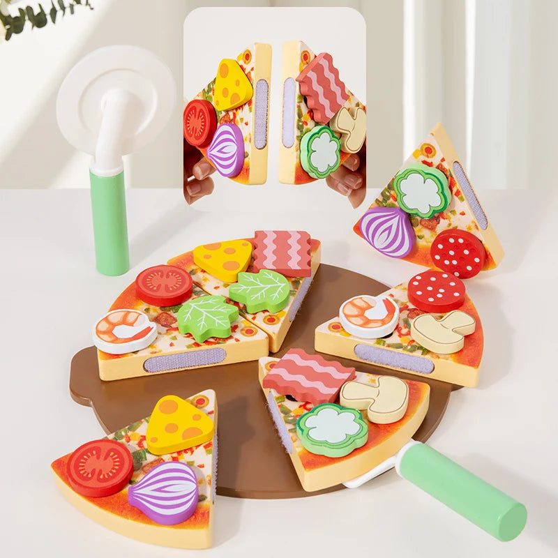Wooden Simulated Cutting Pizza Pretend Play Toy Educational Kitchen Cooking House Color Recognition Game for Kids 2 Years Gift
