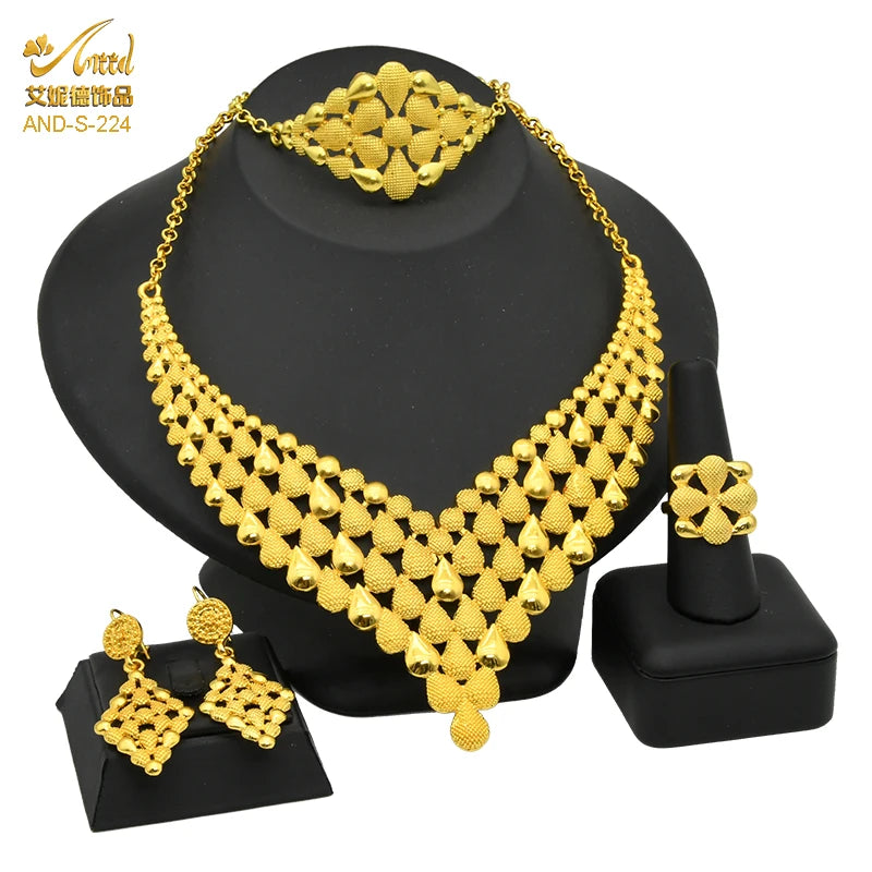 ANIID African Jewelry Set Big Necklace Dubai Ethiopian Gold Color Jewelery Earring Bracelet For Women Bridal Choker Wholesale