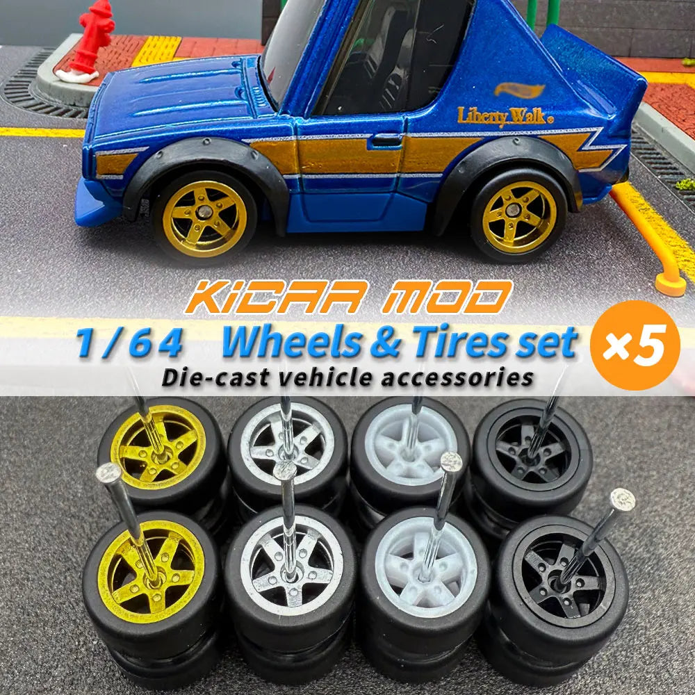 1/64 Model Q Car Wheels with Detachable Slicks Rubber Tires for Toy Model Diecast Cars Refiting Parts for MINIGT  (5 Cars)